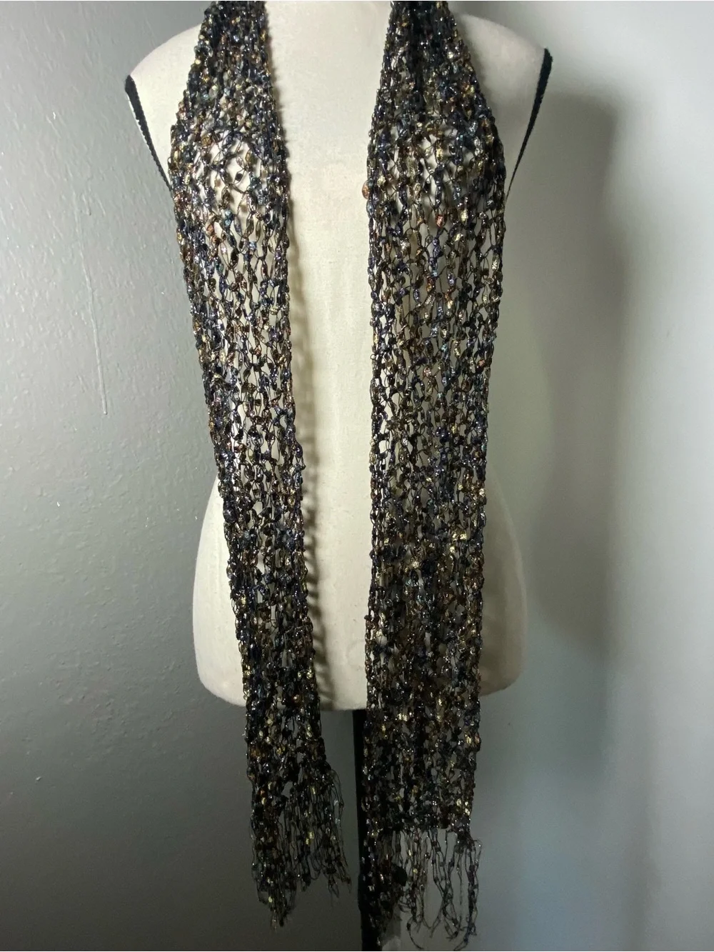 Y2K Blue & Tan Crochet Fringe Scarf